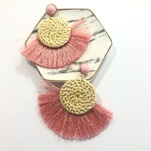 Holly Rattan Pink Fringe Tassel Stud Earrings